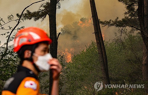 28일 오후 2시 1분께 대구 북구 노곡동 함지산에서 산불이 발생한 가운데 인근 민가로 번지고 있다. [대구=연합뉴스]